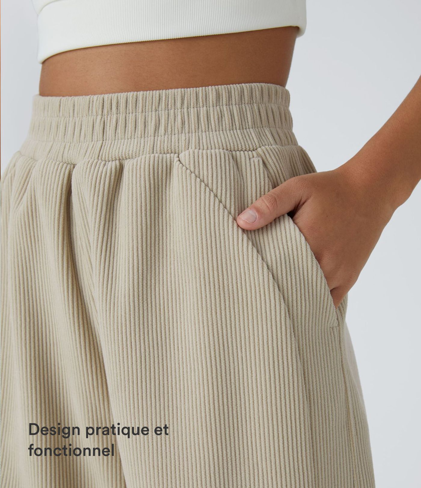 Pantalon velours côtelé de jogging décontracté à taille haute avec poches latérales