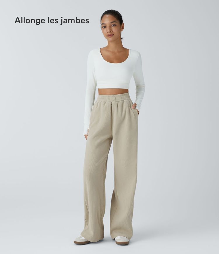 Pantalon velours côtelé de jogging décontracté à taille haute avec poches latérales