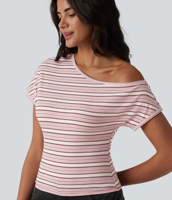 Ribbed Knit One-shoulder Batwing Sleeve Stripes Resort Top