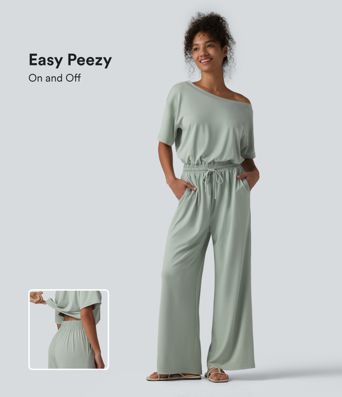 Lässiger Jumpsuit mit U-Boot-Ausschnitt, Seitentaschen, kurzen Ärmeln und Kordelzug - Easy Peezy Edition