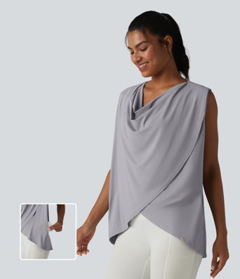 Hooded Cowl Neck Sleeveless Yoga Sports Top with Pockets