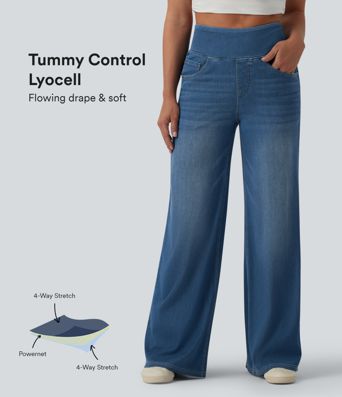 Halara Flex™ High Waisted Tummy Control Wide Leg Draped Lyocell Washed Casual Jeans with Pockets