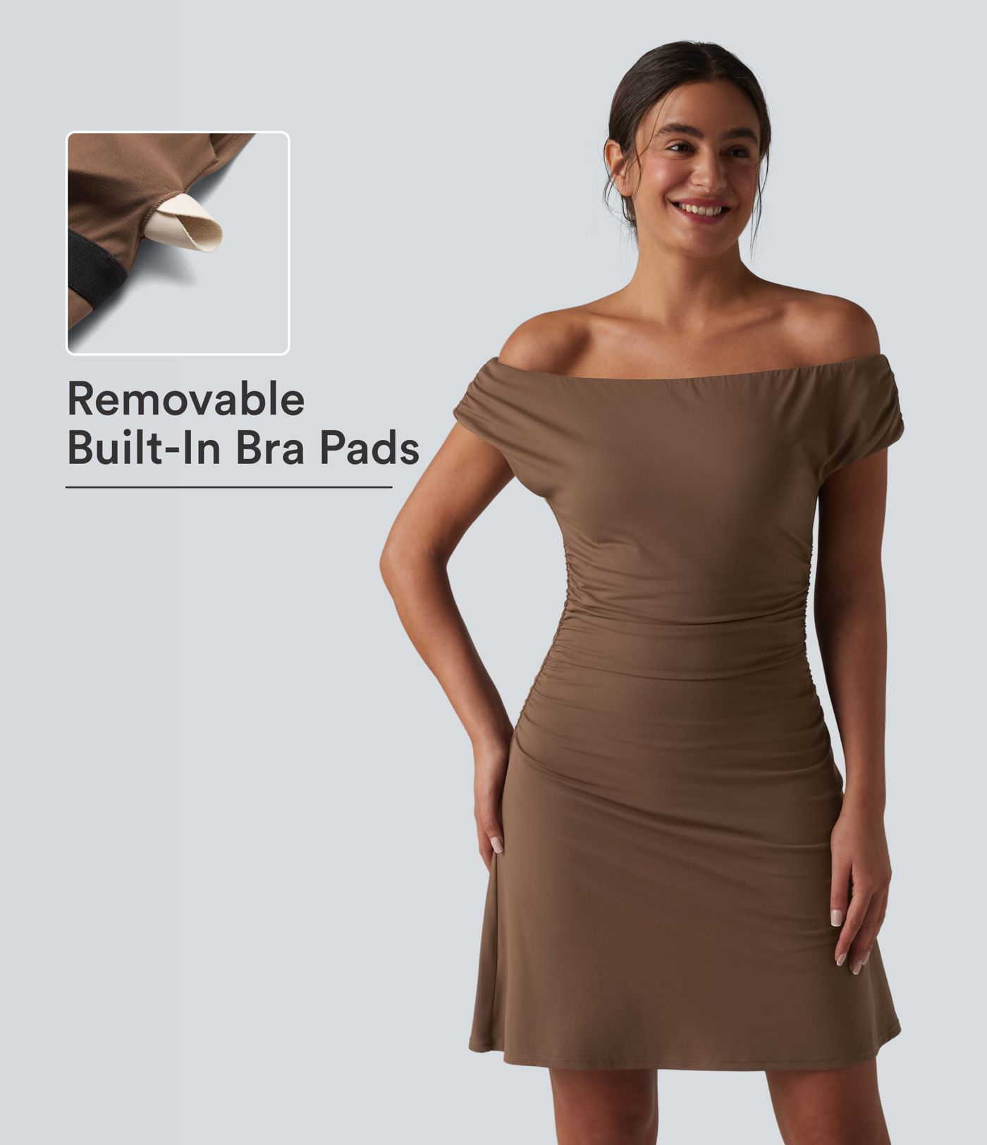 SoftlyZero™ schulterfreies, abnehmbares Träger-BH-Kleid (2-in-1) mit Taschen – ideal für Yoga und Sport.