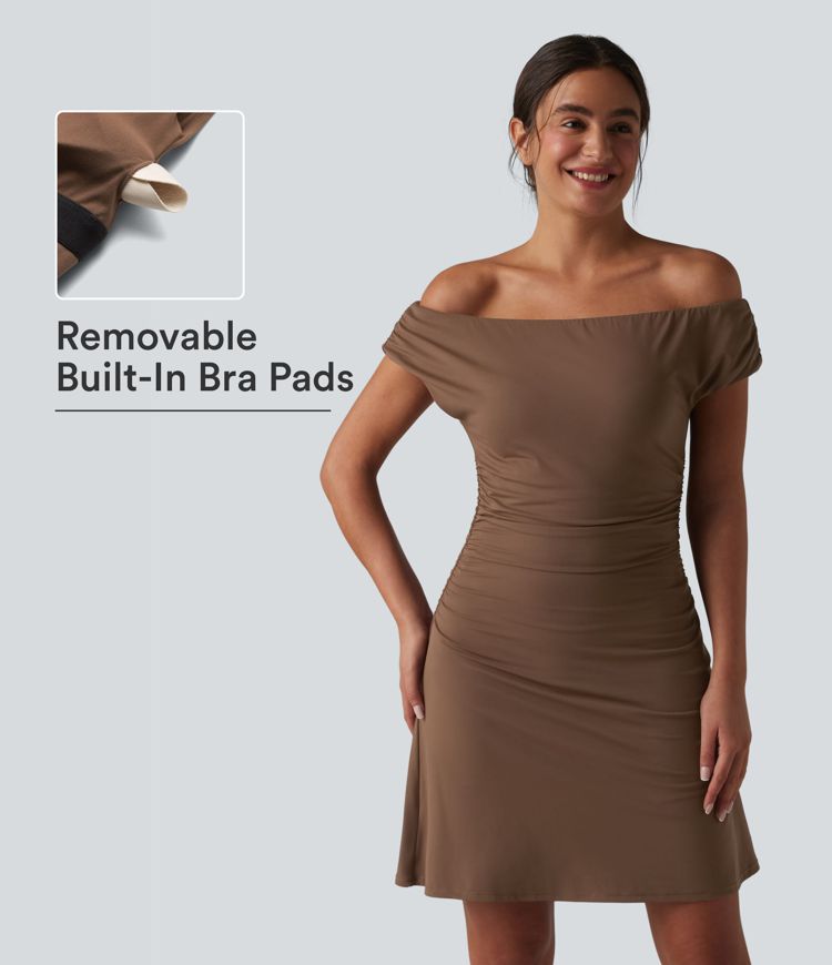 SoftlyZero™ schulterfreies, abnehmbares Träger-BH-Kleid (2-in-1) mit Taschen – ideal für Yoga und Sport.