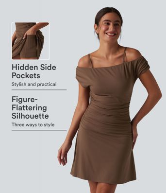 SoftlyZero™ schulterfreies, abnehmbares Träger-BH-Kleid (2-in-1) mit Taschen – ideal für Yoga und Sport.