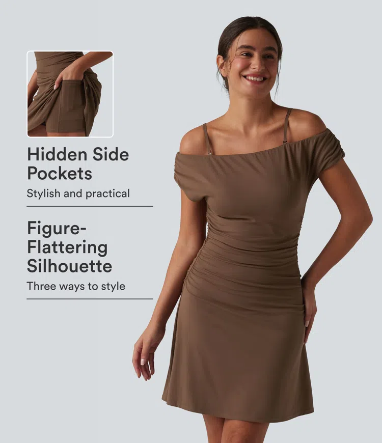 SoftlyZero™ Off-shoulder Removable Strap Built-in Bra 2-in-1 Yoga Active Dress with Pockets-Easy Peezy