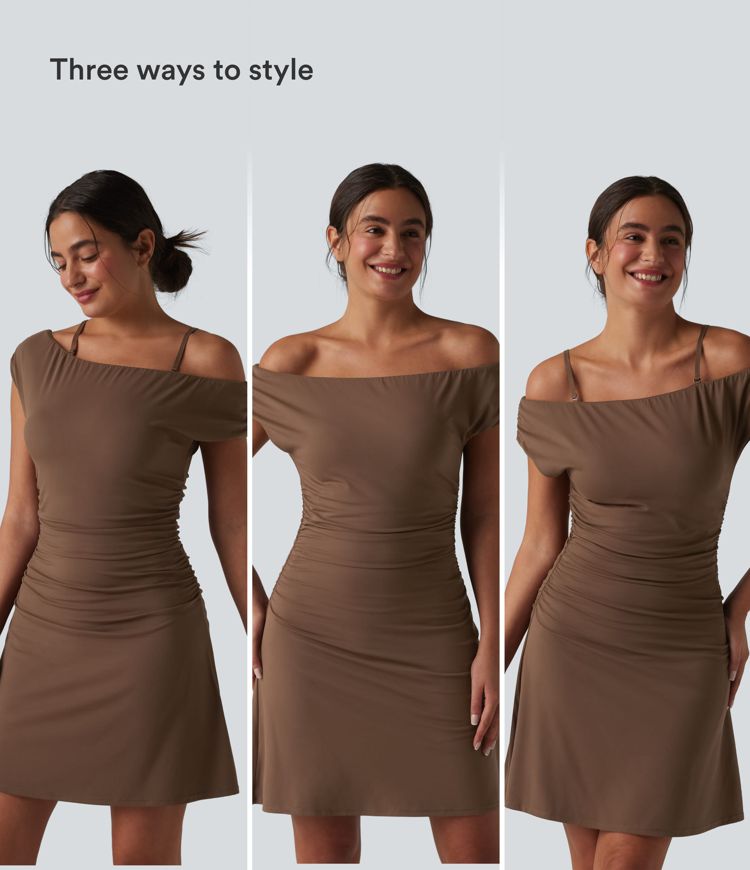 SoftlyZero™ schulterfreies, abnehmbares Träger-BH-Kleid (2-in-1) mit Taschen – ideal für Yoga und Sport.