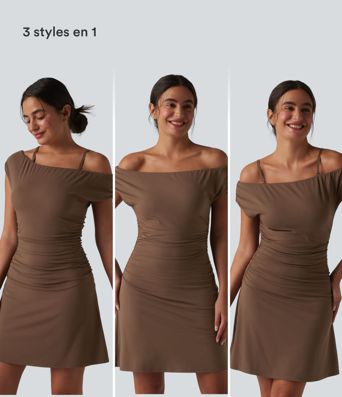 Robe de yoga active 2 en 1 SoftlyZero™ à épaules dénudées, bretelles amovibles et soutien-gorge intégré, avec poches - Facile à porter