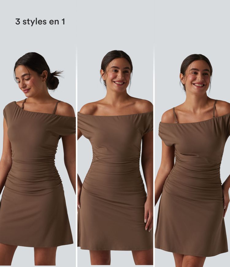 Robe de yoga active 2 en 1 SoftlyZero™ à épaules dénudées, bretelles amovibles et soutien-gorge intégré, avec poches - Facile à porter