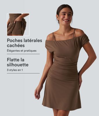 Robe de yoga active 2 en 1 SoftlyZero™ à épaules dénudées, bretelles amovibles et soutien-gorge intégré, avec poches - Facile à porter