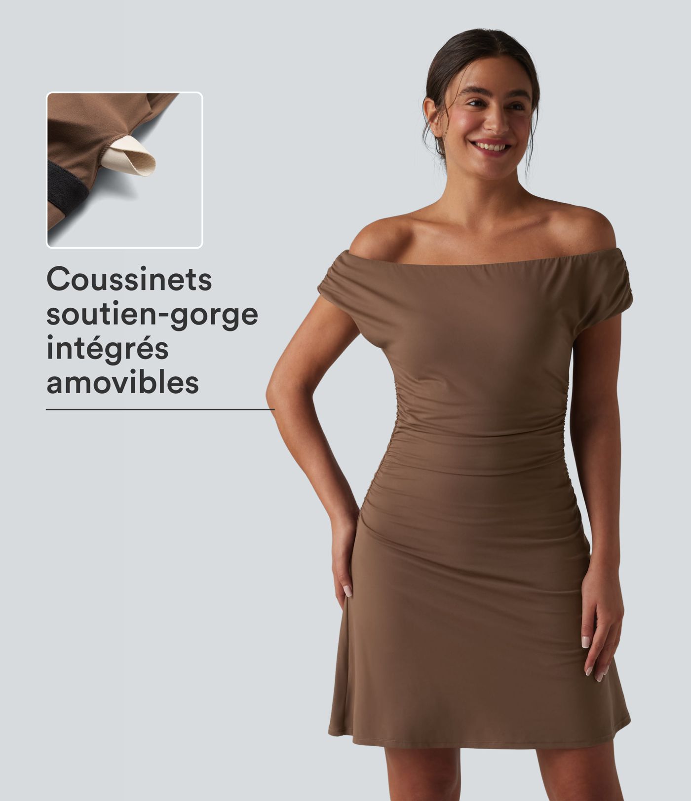 Robe de yoga active 2 en 1 SoftlyZero™ à épaules dénudées, bretelles amovibles et soutien-gorge intégré, avec poches - Facile à porter