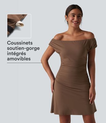 Robe de yoga active 2 en 1 SoftlyZero™ à épaules dénudées, bretelles amovibles et soutien-gorge intégré, avec poches - Facile à porter