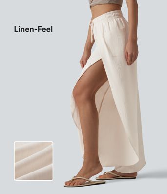 Mid Rise Drawstring Split Linen-Feel Casual Baggy Pants with Pockets