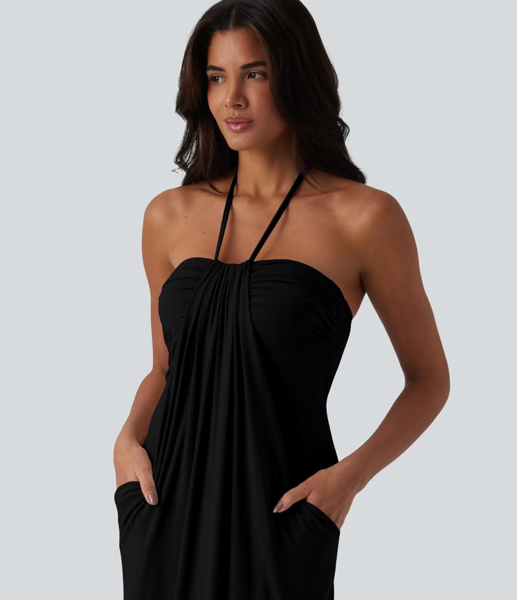 Robe longue dos nu col licou avec nœud et poches