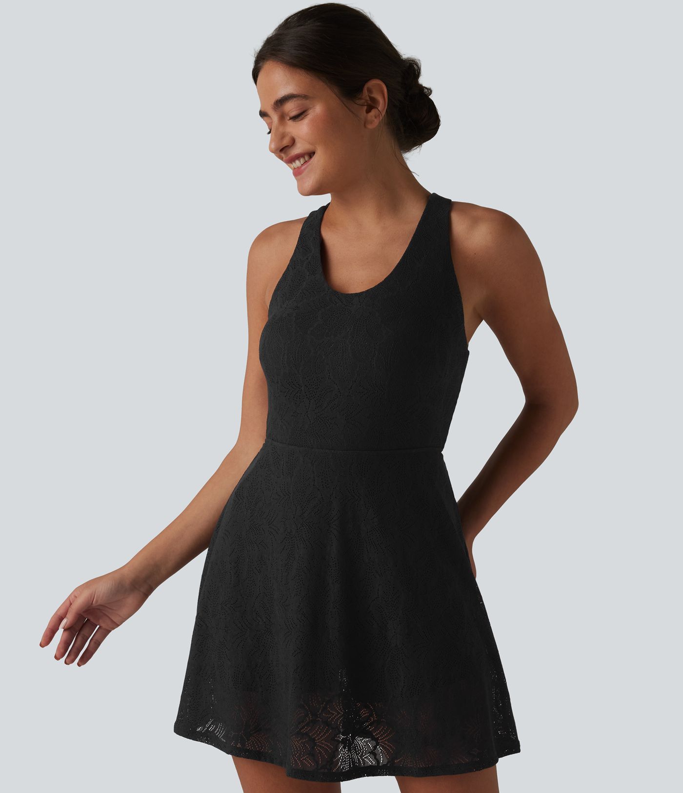 SoftlyZero™ QuickDry Built-in Bra Contrast Lace 2-in-1 Flare Mini Yoga Active Dress with Pockets-Easy Peezy Edition