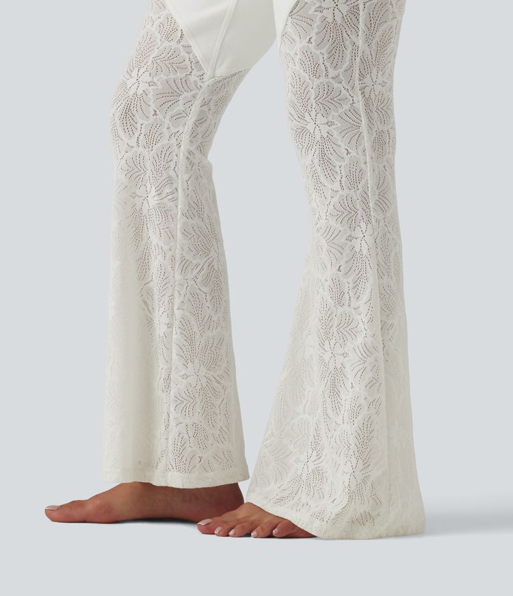 Halara Flex™ High Waisted Tummy Control Crossover Contrast Lace Flare Casual Jeans with Pockets