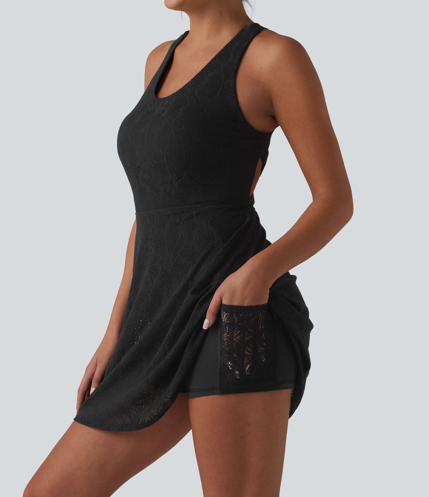 SoftlyZero™ QuickDry Built-in Bra Contrast Lace 2-in-1 Flare Mini Yoga Active Dress with Pockets-Easy Peezy Edition