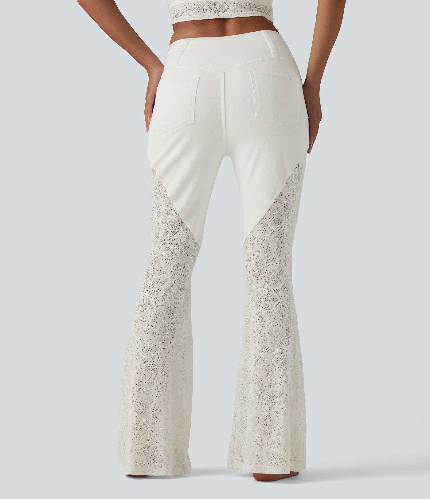 Halara Flex™ High Waisted Tummy Control Crossover Contrast Lace Flare Casual Jeans with Pockets