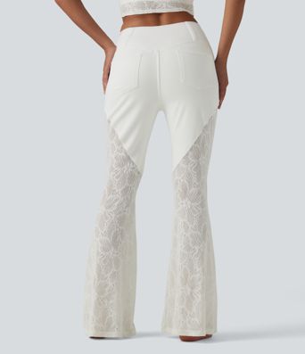 Halara Flex™ High Waisted Tummy Control Crossover Contrast Lace Flare Casual Jeans with Pockets