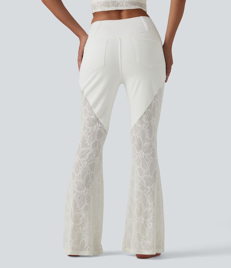 Halara Flex™ High Waisted Tummy Control Crossover Contrast Lace Flare Casual Jeans with Pockets