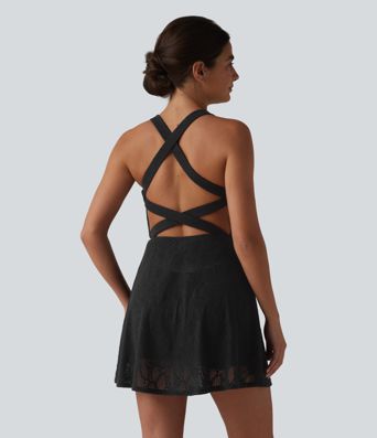 SoftlyZero™ QuickDry Built-in Bra Contrast Lace 2-in-1 Flare Mini Yoga Active Dress with Pockets-Easy Peezy Edition