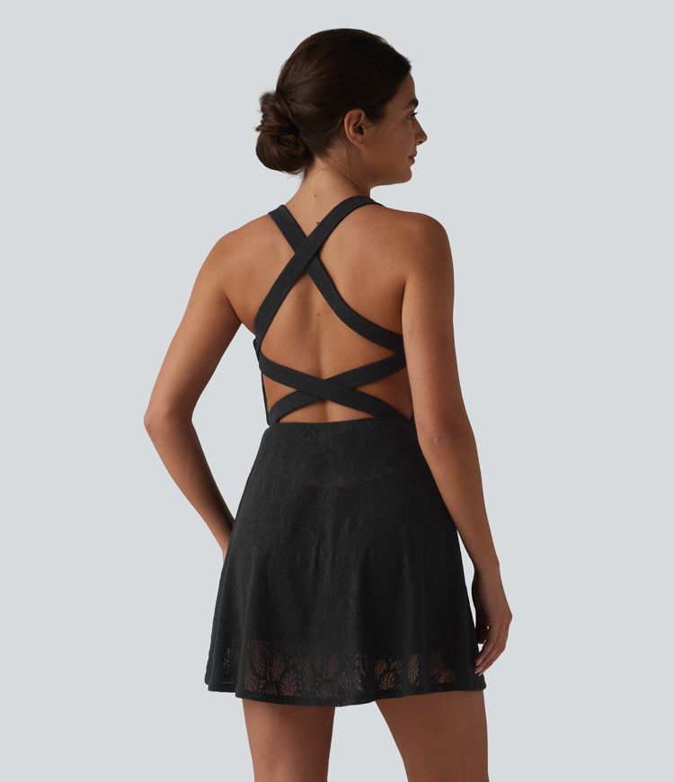 SoftlyZero™ QuickDry Built-in Bra Contrast Lace 2-in-1 Flare Mini Yoga Active Dress with Pockets-Easy Peezy Edition