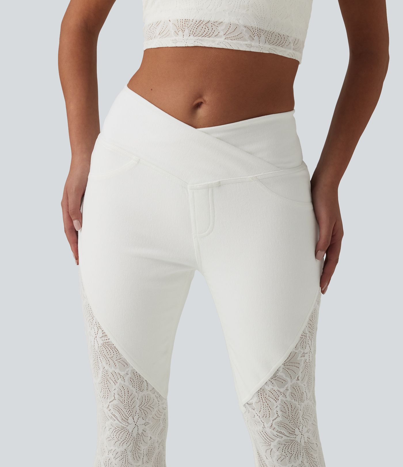 Halara Flex™ High Waisted Tummy Control Crossover Contrast Lace Flare Casual Jeans with Pockets