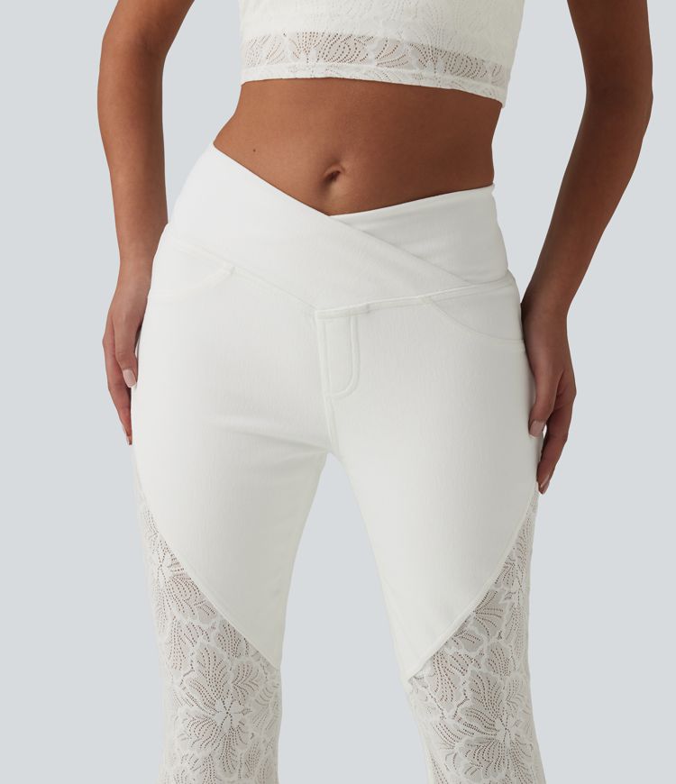 Halara Flex™ High Waisted Tummy Control Crossover Contrast Lace Flare Casual Jeans with Pockets