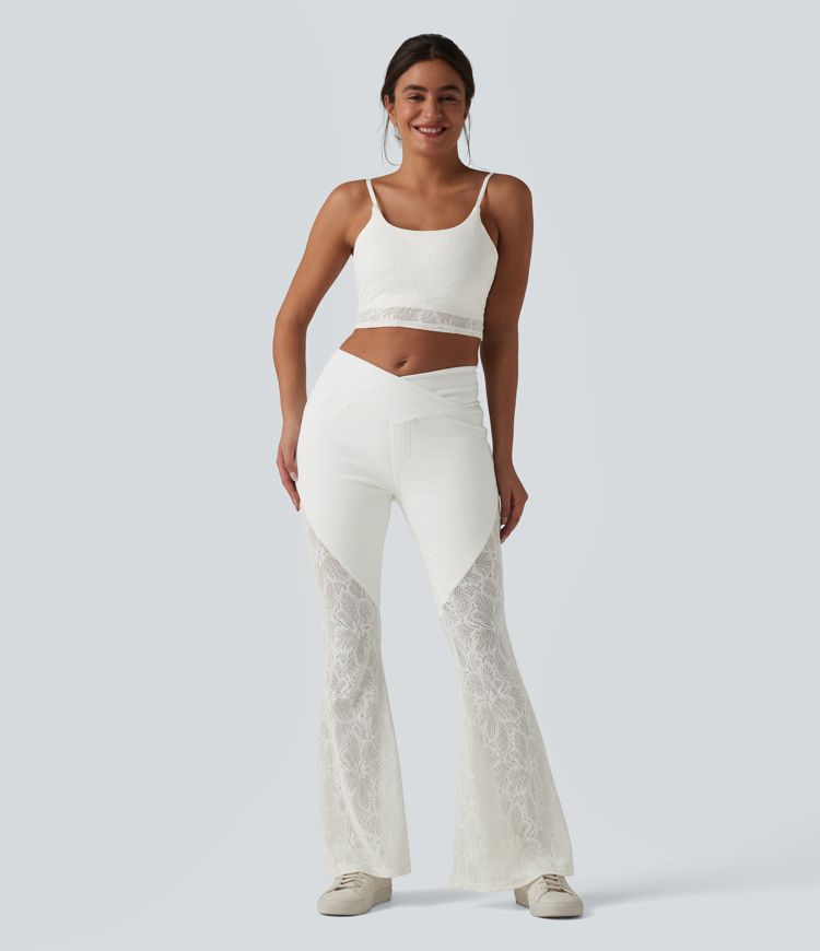 Halara Flex™ High Waisted Tummy Control Crossover Contrast Lace Flare Casual Jeans with Pockets