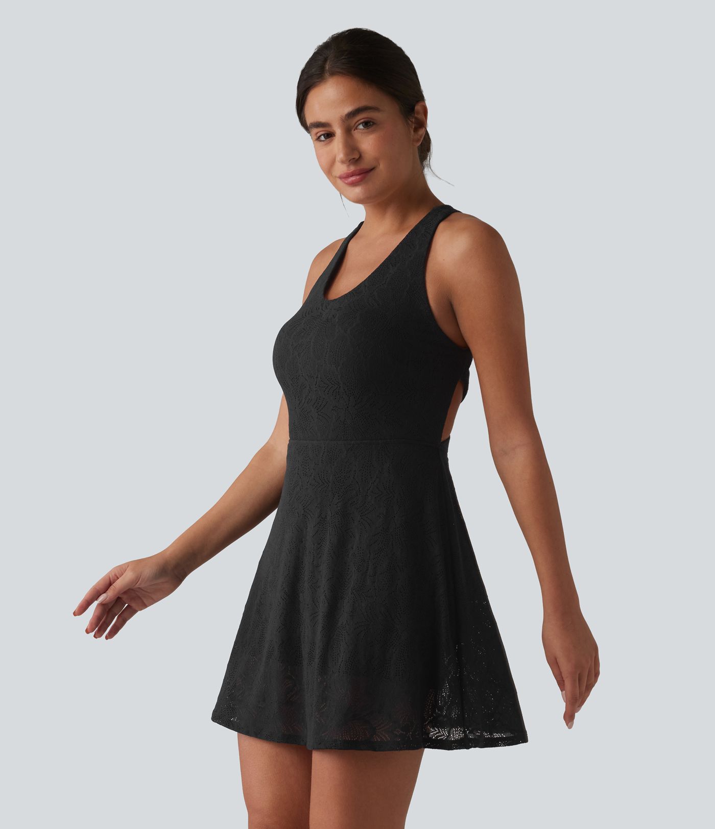 SoftlyZero™ QuickDry Built-in Bra Contrast Lace 2-in-1 Flare Mini Yoga Active Dress with Pockets-Easy Peezy Edition