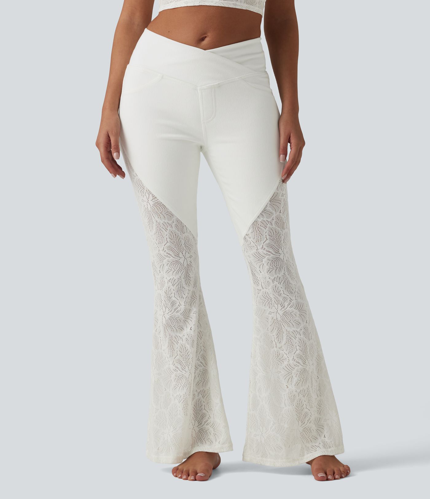 Halara Flex™ High Waisted Tummy Control Crossover Contrast Lace Flare Casual Jeans with Pockets