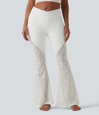 Halara Flex™ High Waisted Tummy Control Crossover Contrast Lace Flare Casual Jeans with Pockets