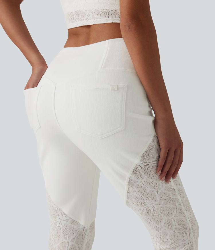 Halara Flex™ High Waisted Tummy Control Crossover Contrast Lace Flare Casual Jeans with Pockets