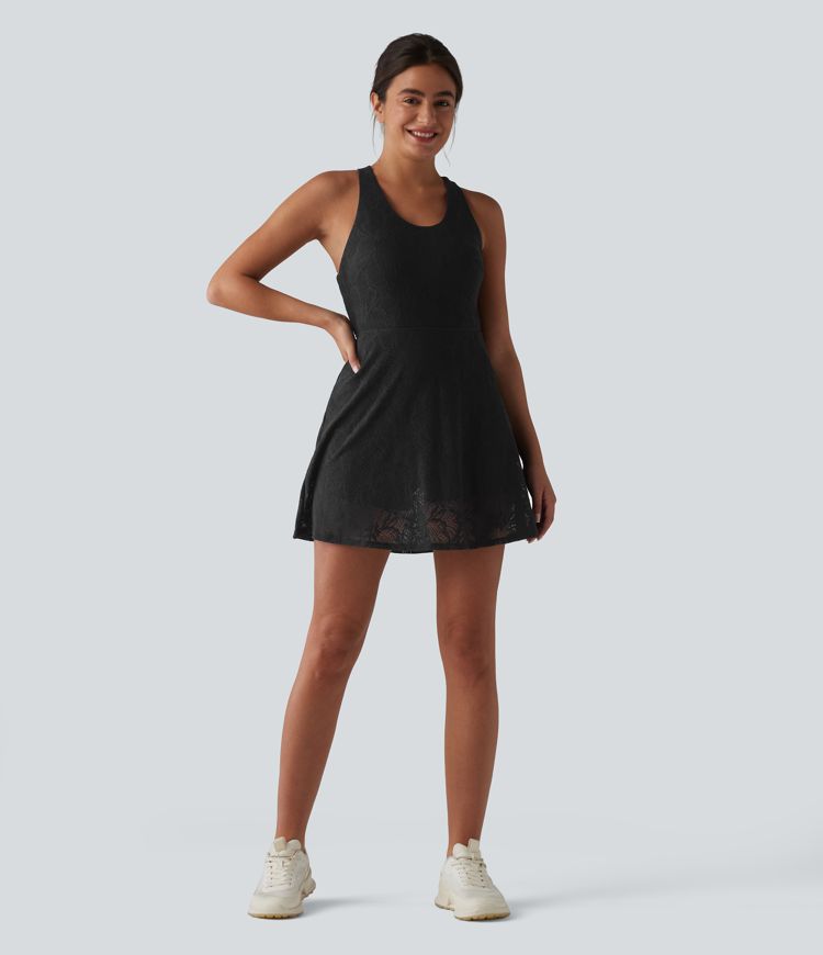 SoftlyZero™ QuickDry Built-in Bra Contrast Lace 2-in-1 Flare Mini Yoga Active Dress with Pockets-Easy Peezy Edition