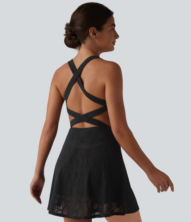 SoftlyZero™ QuickDry Built-in Bra Contrast Lace 2-in-1 Flare Mini Yoga Active Dress with Pockets-Easy Peezy Edition