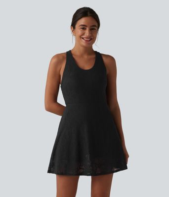 SoftlyZero™ QuickDry Built-in Bra Contrast Lace 2-in-1 Flare Mini Yoga Active Dress with Pockets-Easy Peezy Edition