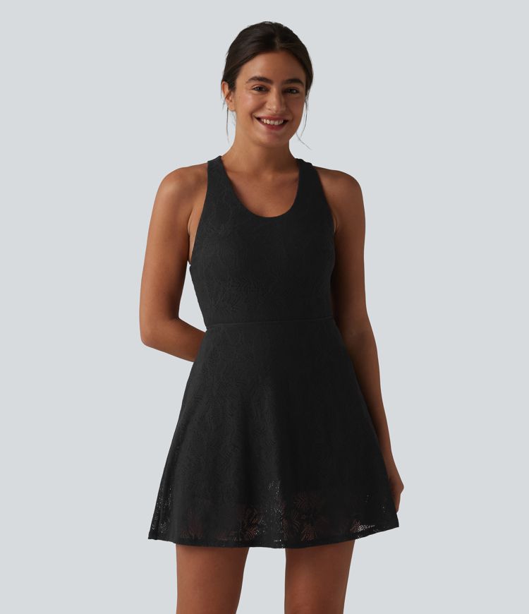 SoftlyZero™ QuickDry Built-in Bra Contrast Lace 2-in-1 Flare Mini Yoga Active Dress with Pockets-Easy Peezy Edition