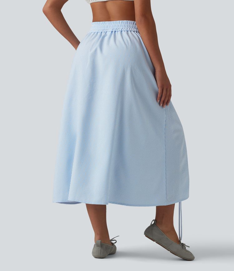 High Waisted Drawstring Stripes Midi Casual A-line Skirt with Pockets
