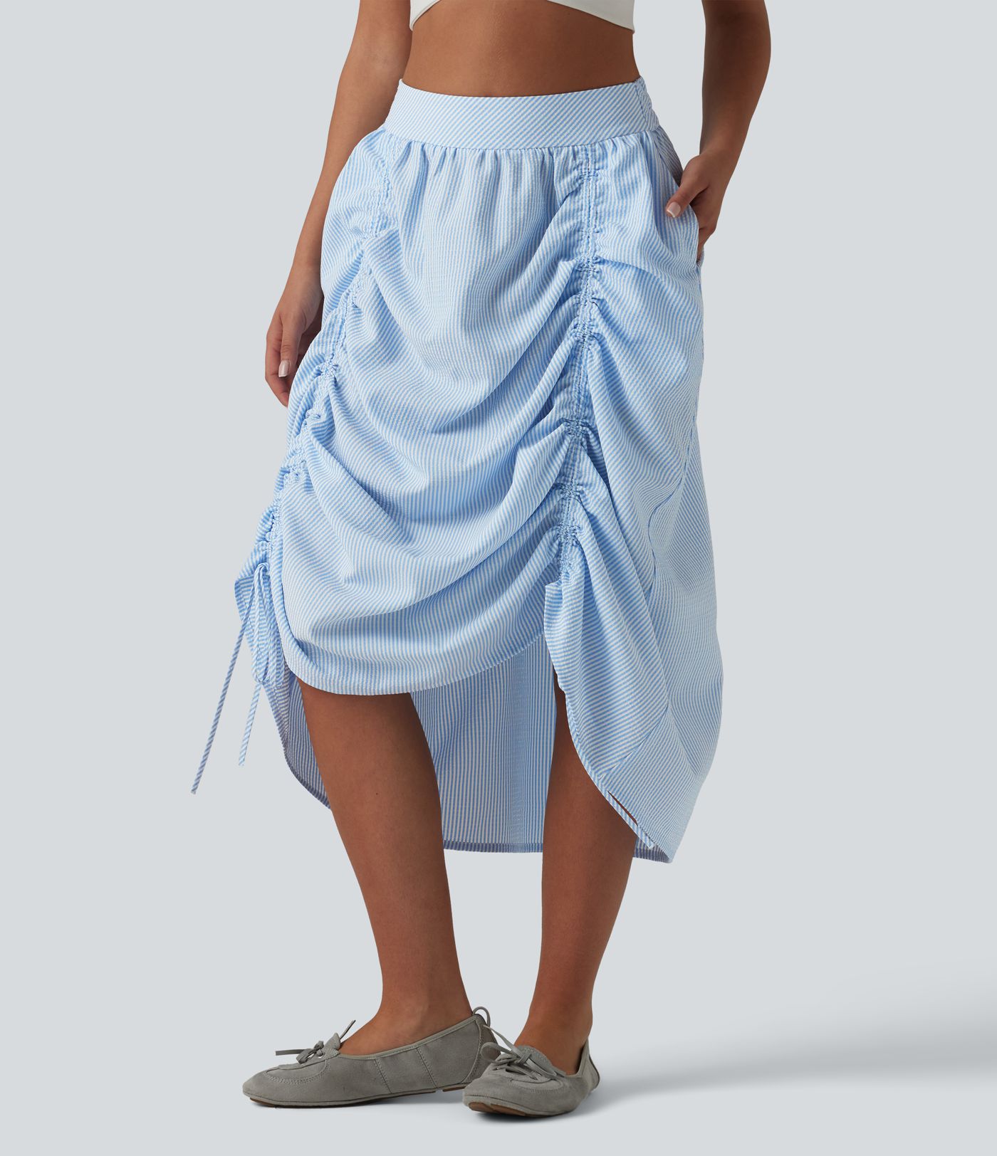 High Waisted Drawstring Stripes Midi Casual A-line Skirt with Pockets