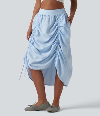 High Waisted Drawstring Stripes Midi Casual A-line Skirt with Pockets