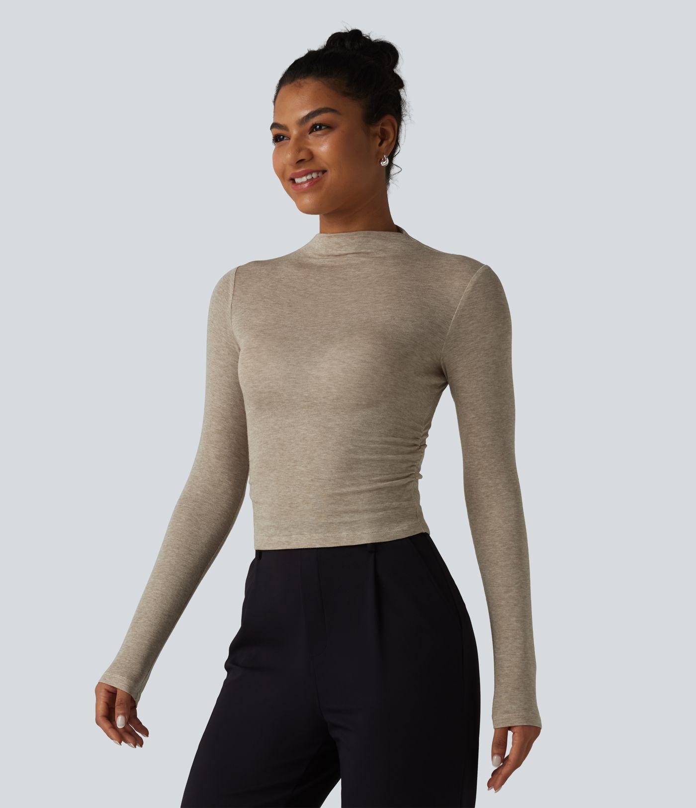 Langarm-Top mit Stehkragen und Raffung aus Wollmischung für die Arbeit