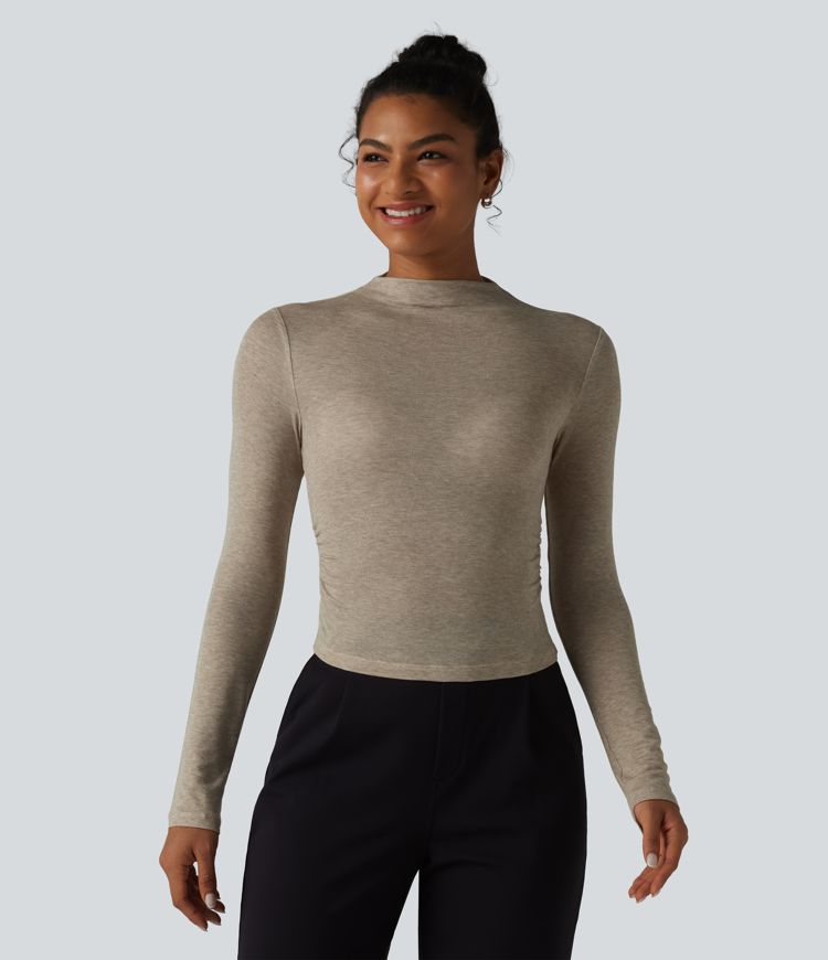 Langarm-Top mit Stehkragen und Raffung aus Wollmischung für die Arbeit