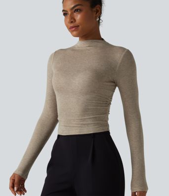 Langarm-Top mit Stehkragen und Raffung aus Wollmischung für die Arbeit