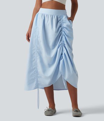 High Waisted Drawstring Stripes Midi Casual A-line Skirt with Pockets
