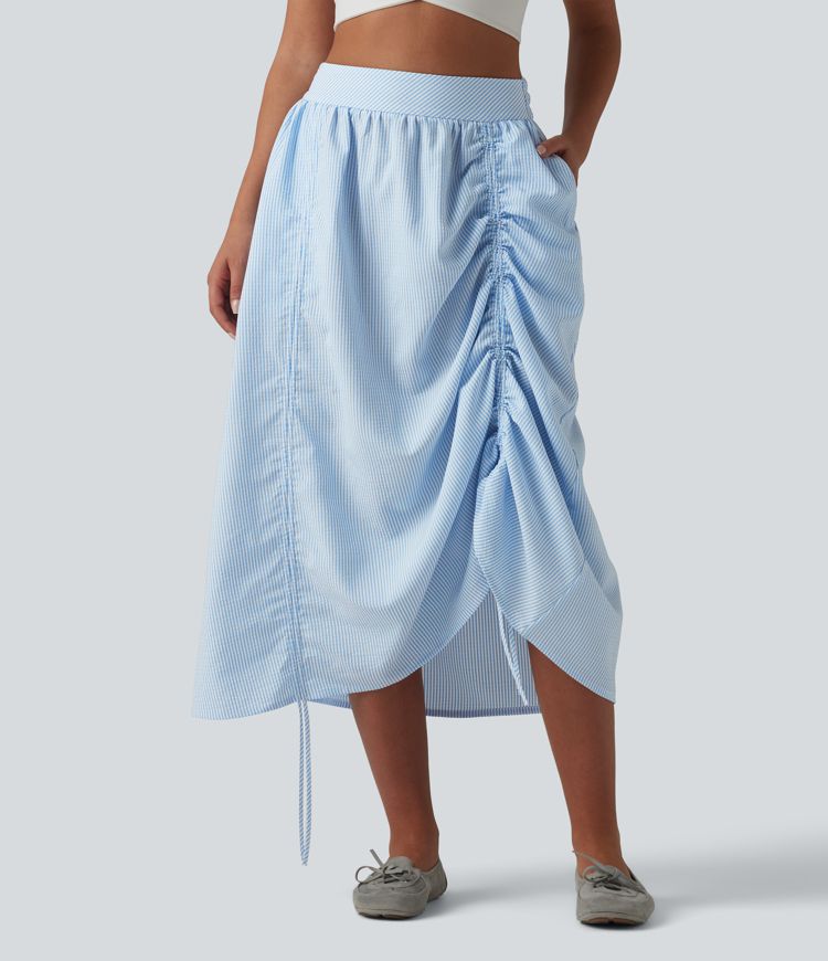 High Waisted Drawstring Stripes Midi Casual A-line Skirt with Pockets