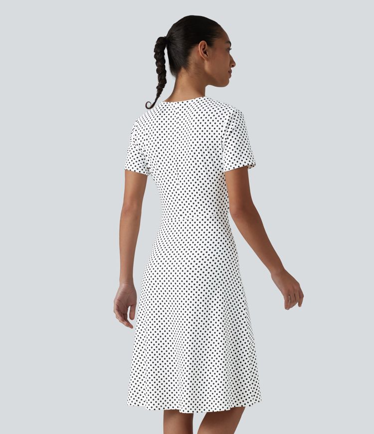 V Neck Short Sleeve Polka Dot Knee Length Casual Dress