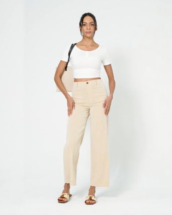 High Waisted Straight Leg Casual Linen-Feel Pants with Pockets