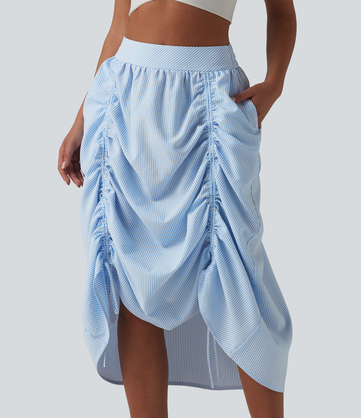 High Waisted Drawstring Stripes Midi Casual A-line Skirt with Pockets