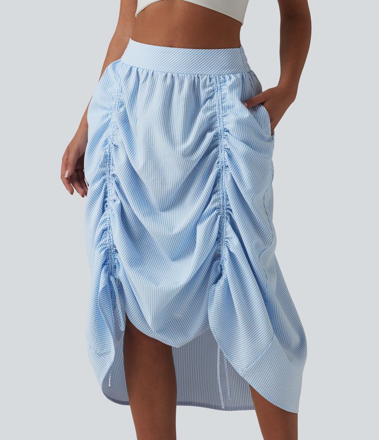 High Waisted Drawstring Stripes Midi Casual A-line Skirt with Pockets