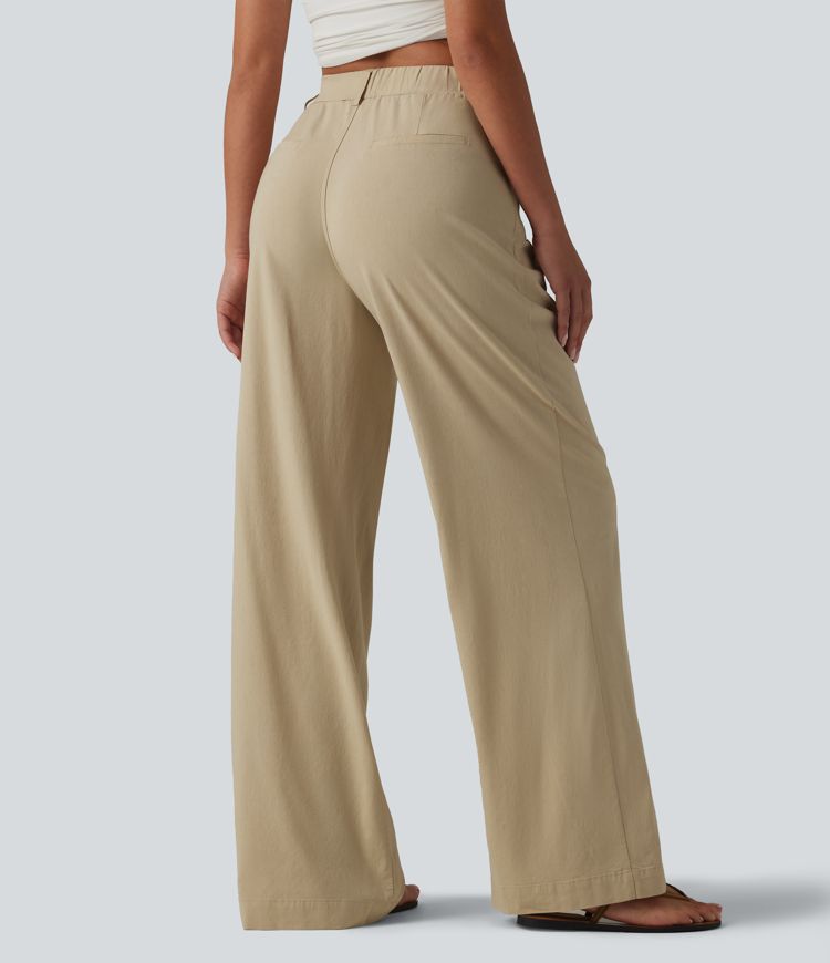 Casual trousers made of stretchy linen with a high waist, side pockets and a straight leg